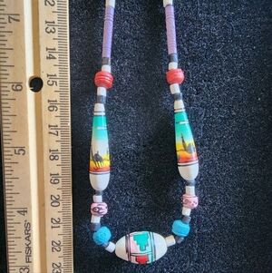 Handmade Handpainted Peruvian Bead Necklace Alpaca Pueblo Buildings